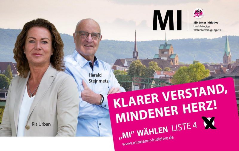 Ria Urban und Harald Steinmetz führen auf den Plätzen zwei und eins die Reserveliste der Unabhängigen Wählervereinigung Mindener Initiative (MI) bei der Kommunalwahl am 13. September 2020 in Minden an. Foto: MI